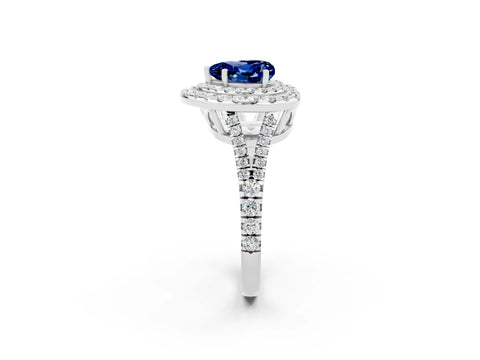 White gold Heart Cut Blue Sapphire Double Halo Ring with Pavé Band and Prong Setting_14
