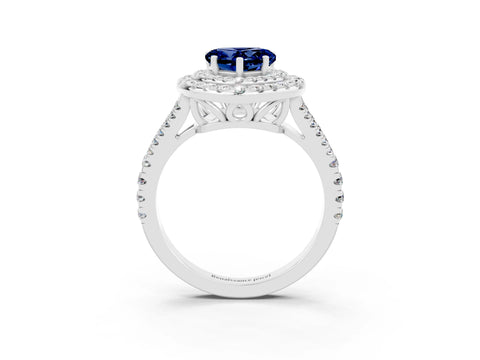White gold Heart Cut Blue Sapphire Double Halo Ring with Pavé Band and Prong Setting_15