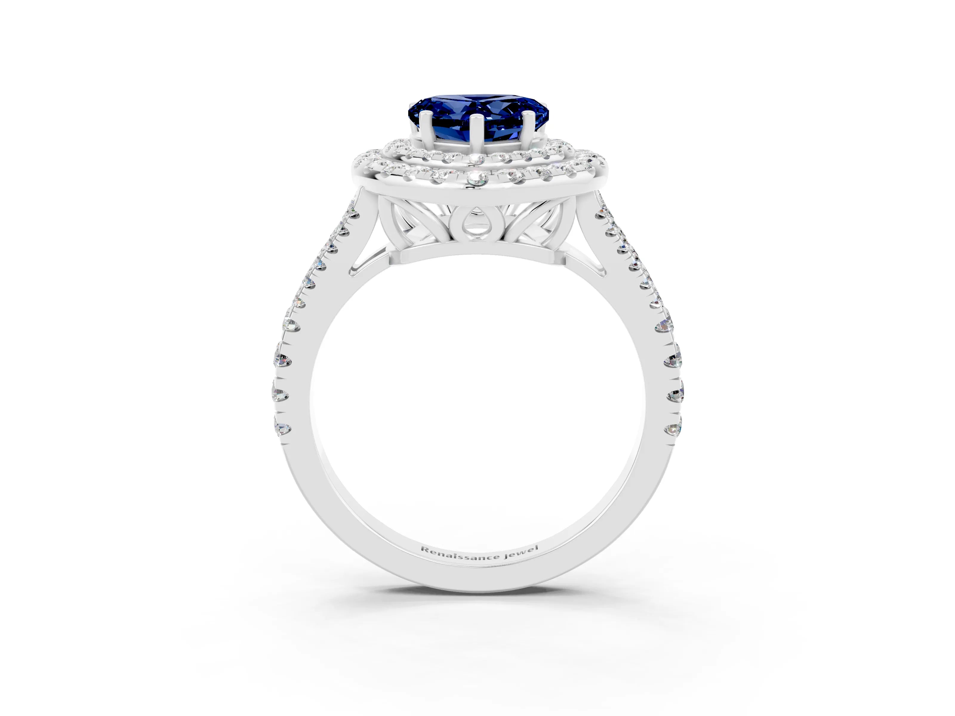 White gold Heart Cut Blue Sapphire Double Halo Ring with Pavé Band and Prong Setting_15