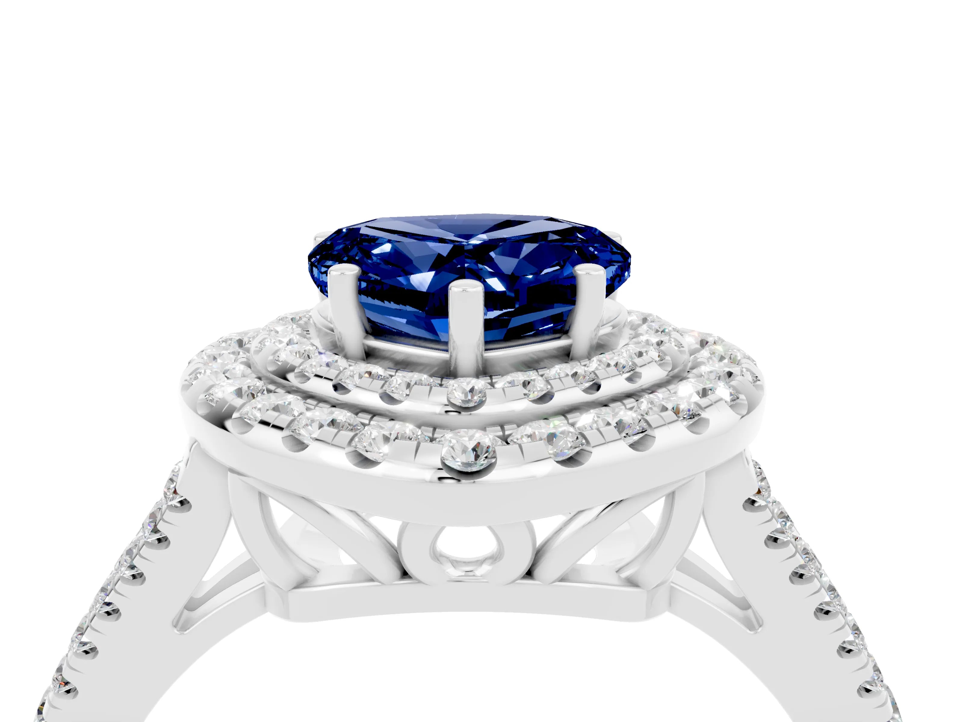 White gold Heart Cut Blue Sapphire Double Halo Ring with Pavé Band and Prong Setting_16