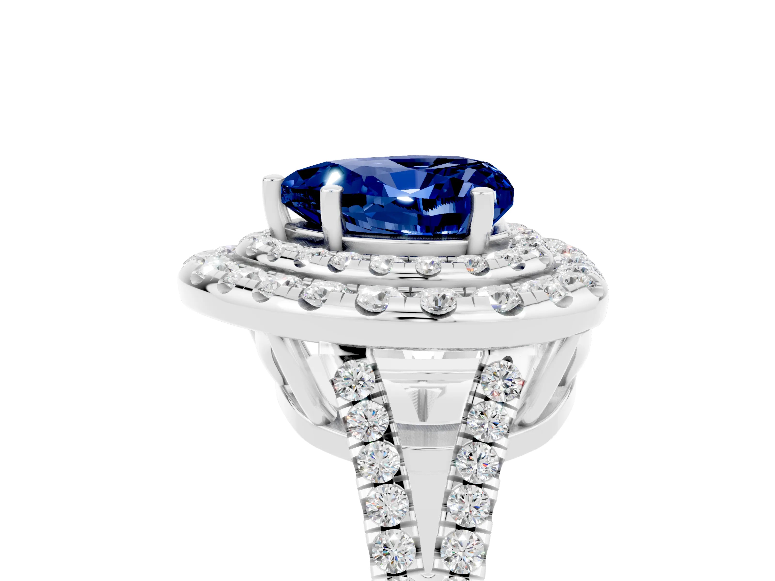 White gold Heart Cut Blue Sapphire Double Halo Ring with Pavé Band and Prong Setting_17