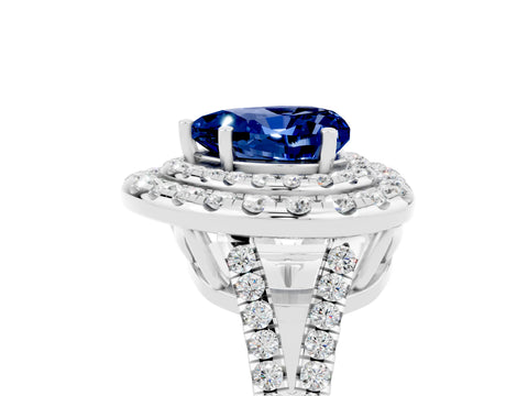 White gold Heart Cut Blue Sapphire Double Halo Ring with Pavé Band and Prong Setting_17