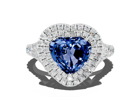 White gold Heart Cut Blue Sapphire Double Halo Ring with Split Shank and Prong Setting_12