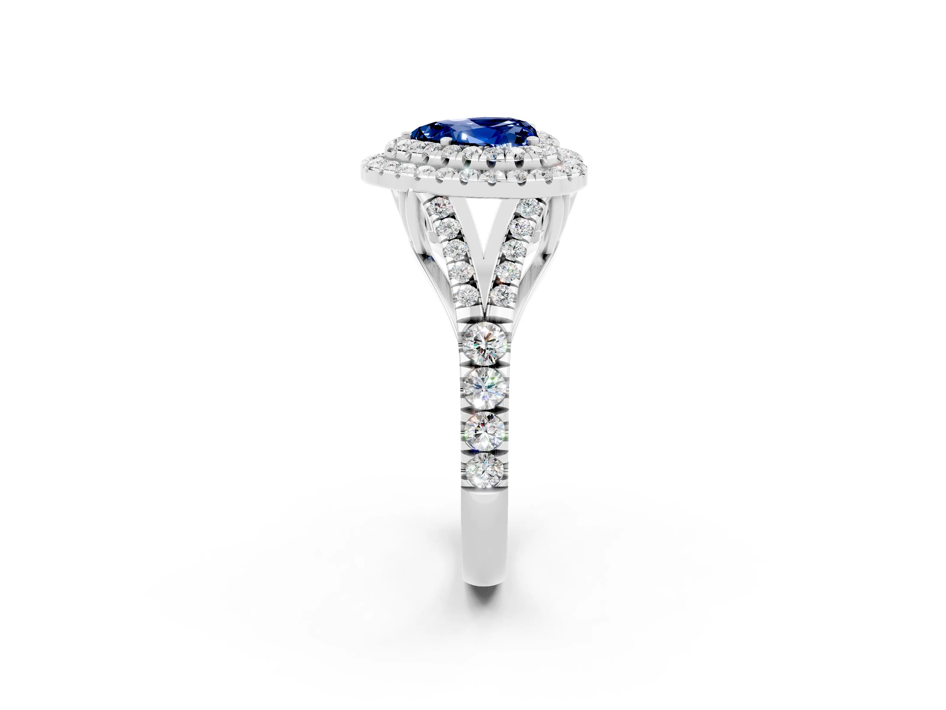 White gold Heart Cut Blue Sapphire Double Halo Ring with Split Shank and Prong Setting_14