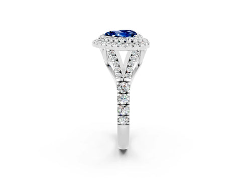 White gold Heart Cut Blue Sapphire Double Halo Ring with Split Shank and Prong Setting_14