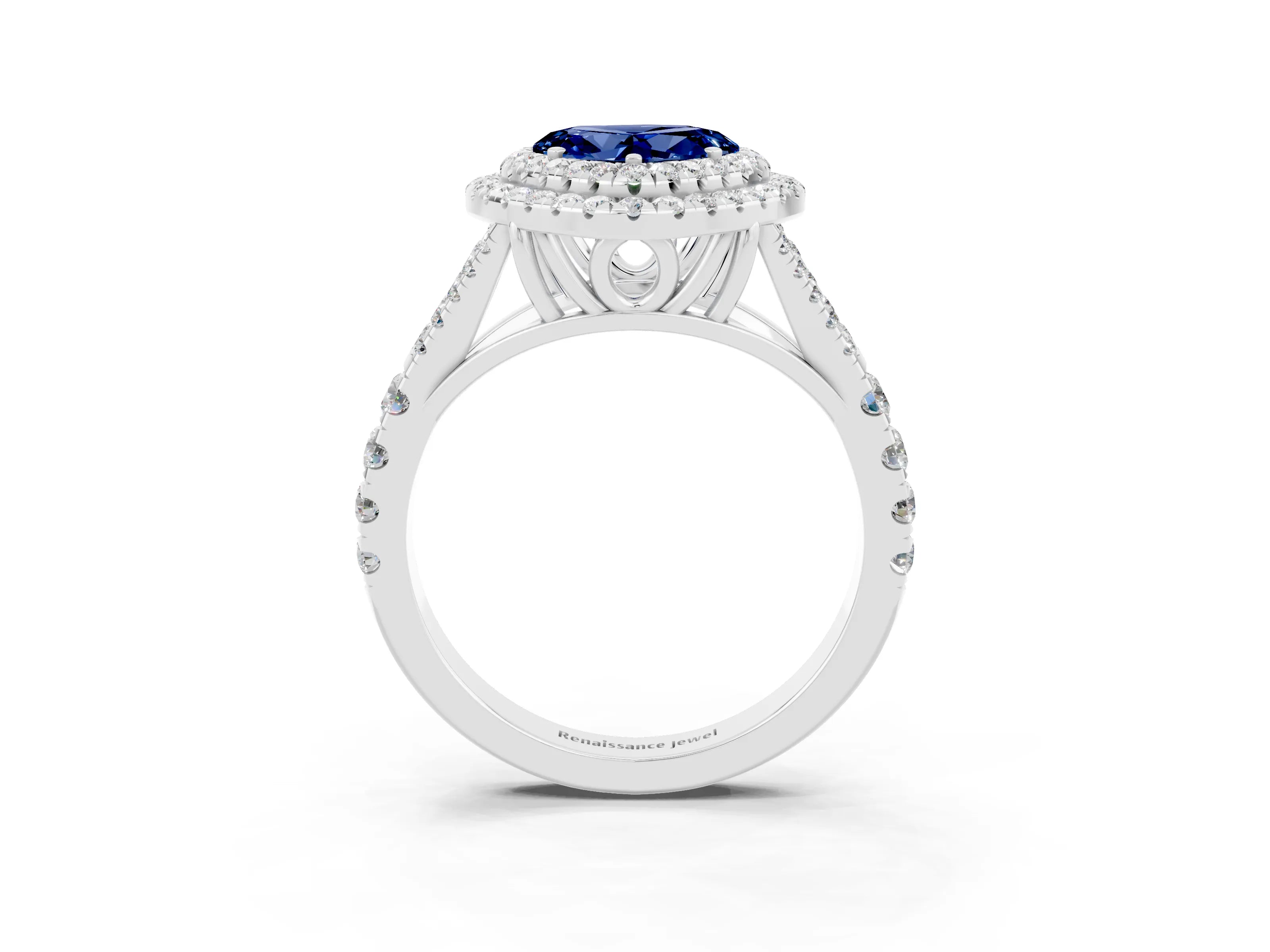 White gold Heart Cut Blue Sapphire Double Halo Ring with Split Shank and Prong Setting_15