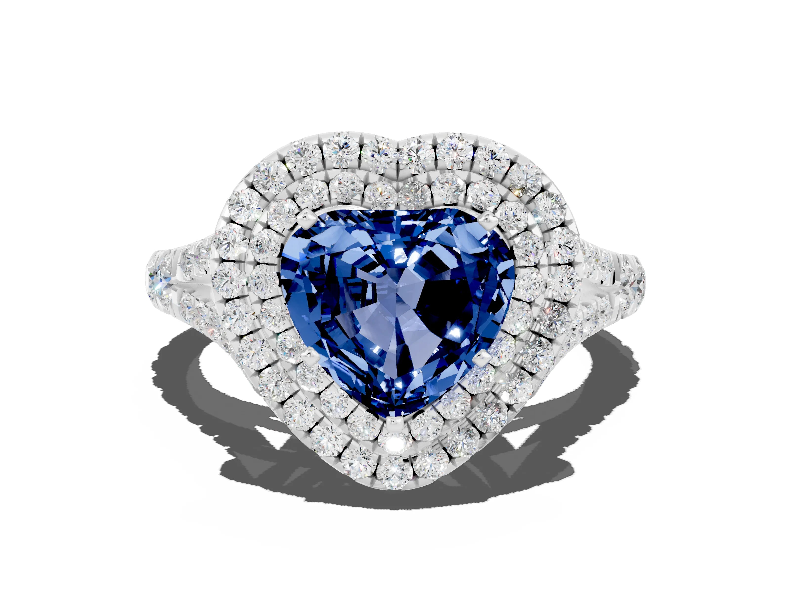 White gold Heart Cut Blue Sapphire Double Halo Ring with Split Shank and Prong Setting_24