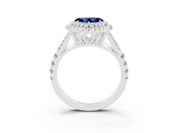 White gold Heart Cut Blue Sapphire Double Halo Ring with Split Shank and Prong Setting