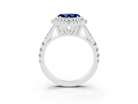 White gold Heart Cut Blue Sapphire Double Halo Ring with Split Shank and Prong Setting_27