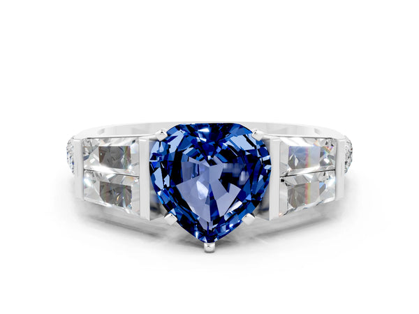 Platinum Heart Cut Blue Sapphire Engagement Ring with Baguette Side Stones and Channel Set Band