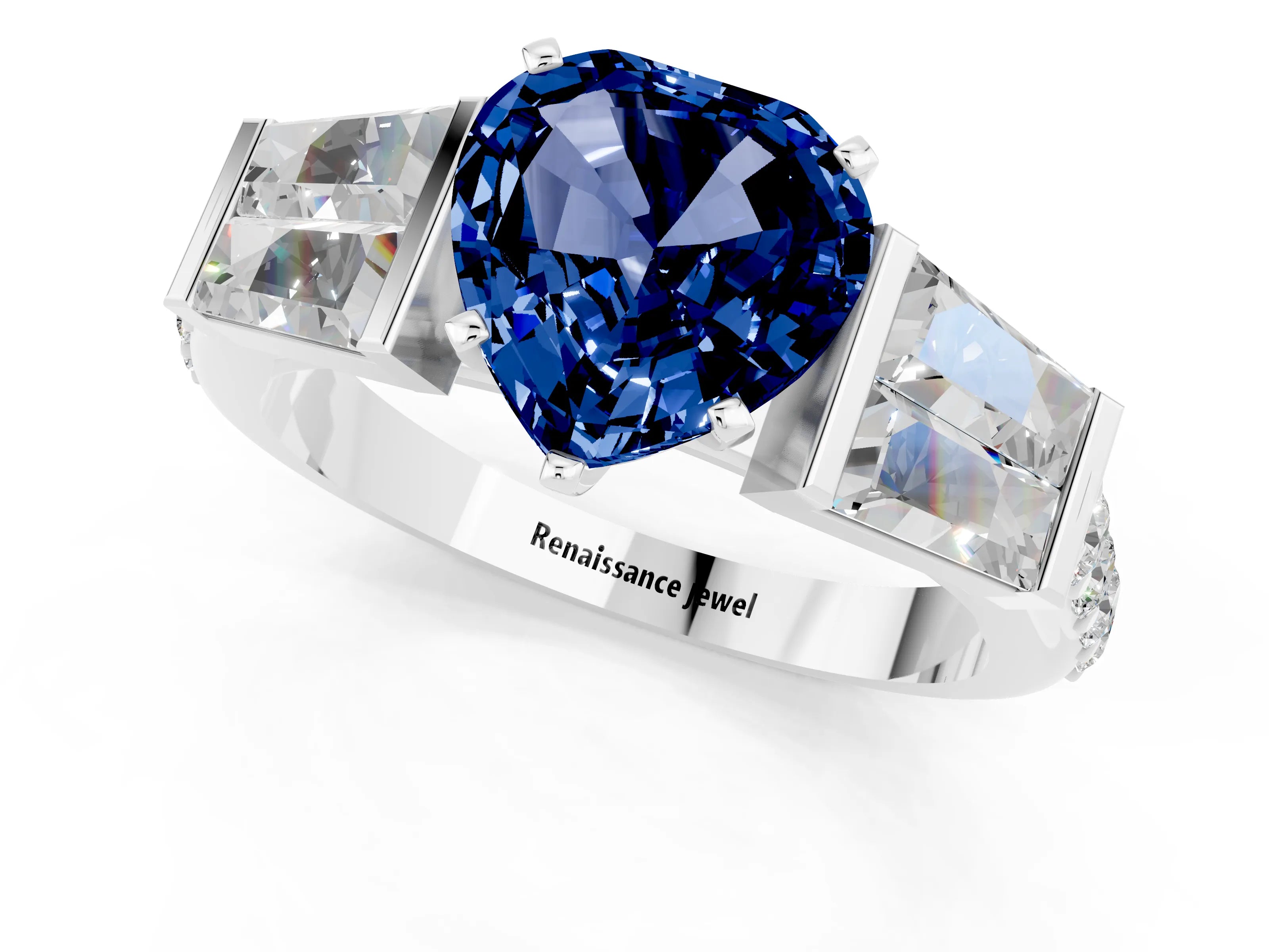 White gold Heart Cut Blue Sapphire Engagement Ring with Baguette Side Stones and Channel Set Band_1