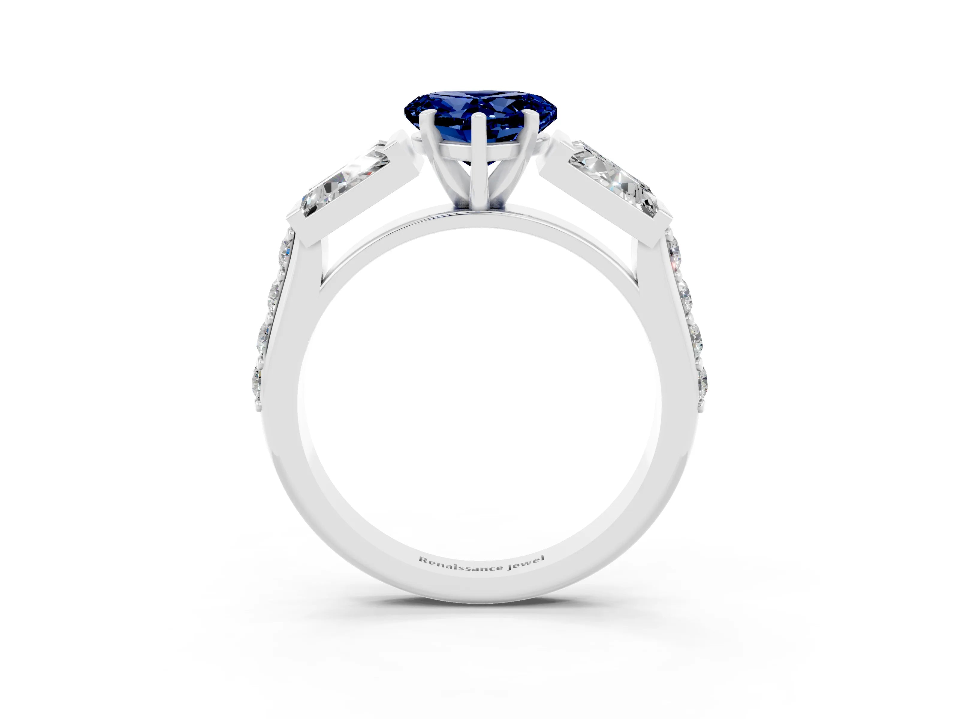 White gold Heart Cut Blue Sapphire Engagement Ring with Baguette Side Stones and Channel Set Band_3