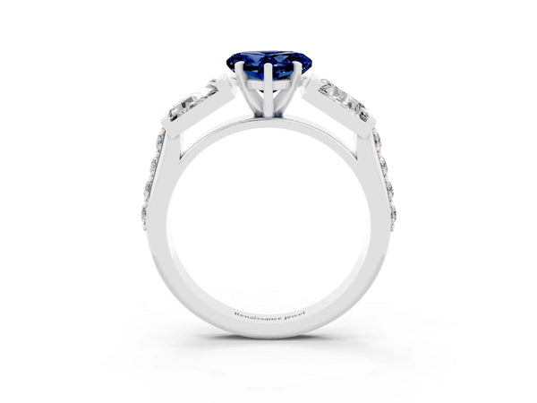 Silver Heart Cut Blue Sapphire Engagement Ring with Baguette Side Stones and Channel Set Band