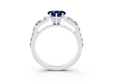 White gold Heart Cut Blue Sapphire Engagement Ring with Baguette Side Stones and Channel Set Band_3