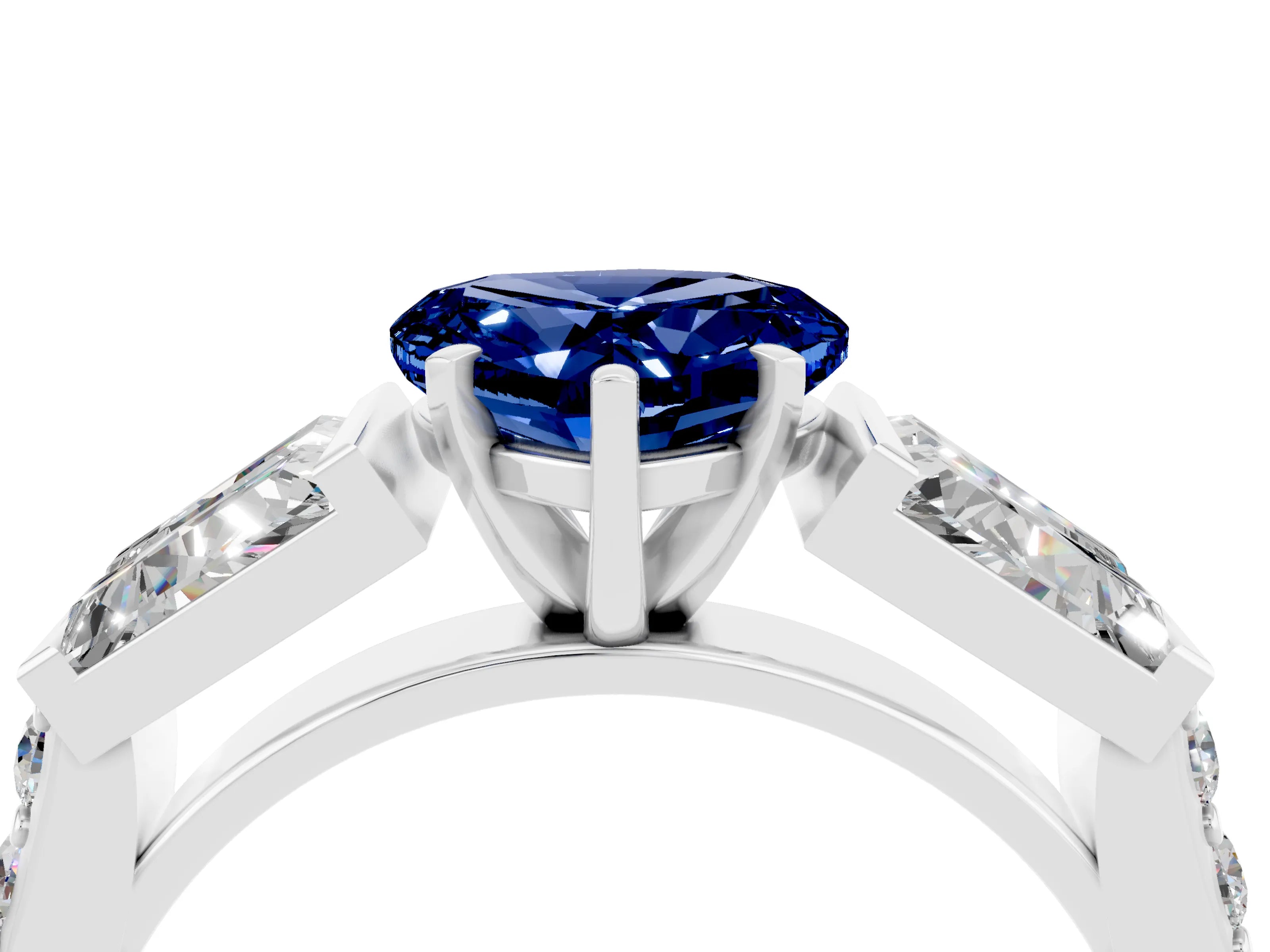White gold Heart Cut Blue Sapphire Engagement Ring with Baguette Side Stones and Channel Set Band_4