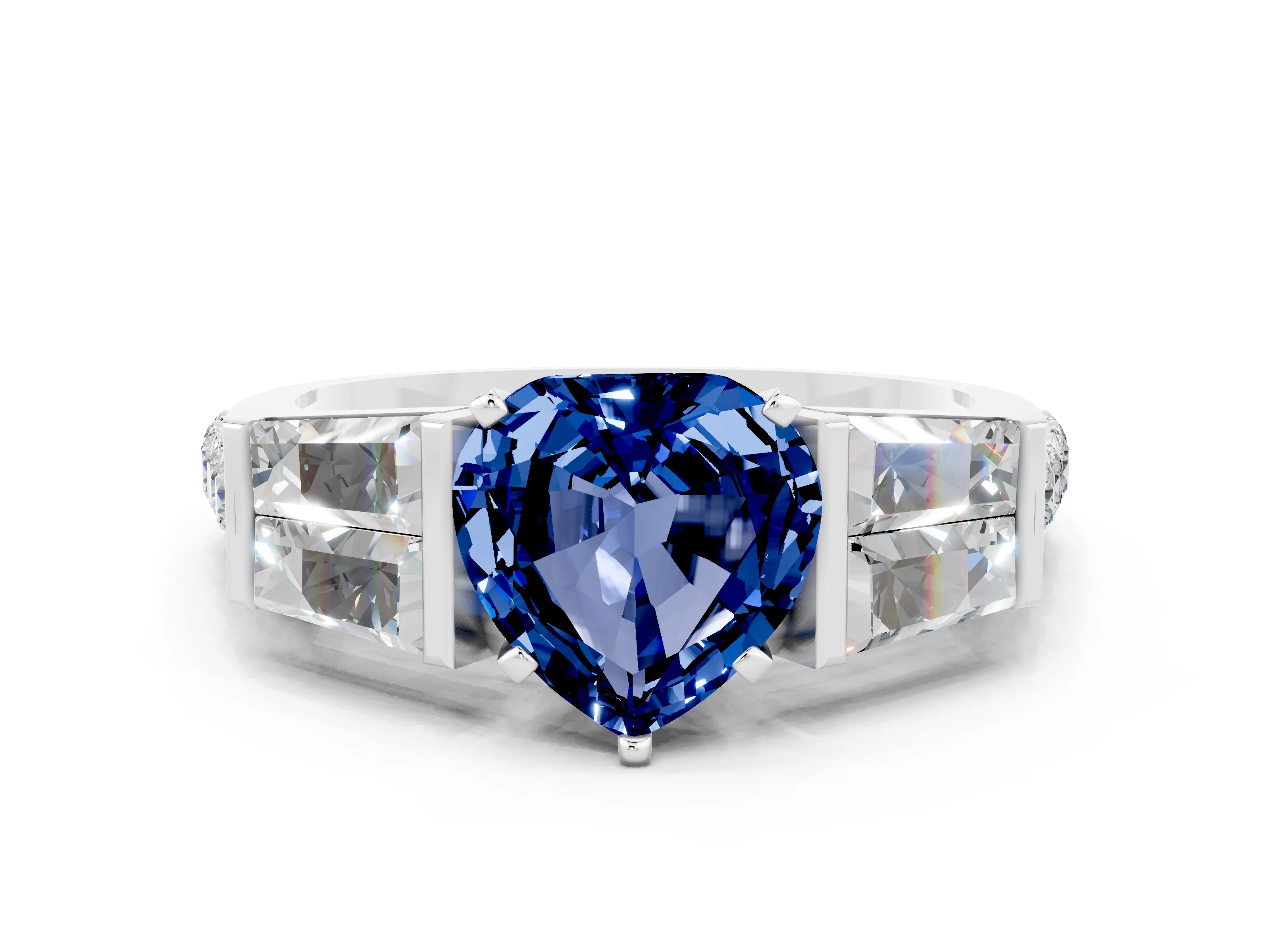White gold Heart Cut Blue Sapphire Engagement Ring with Baguette Side Stones and Channel Set Band