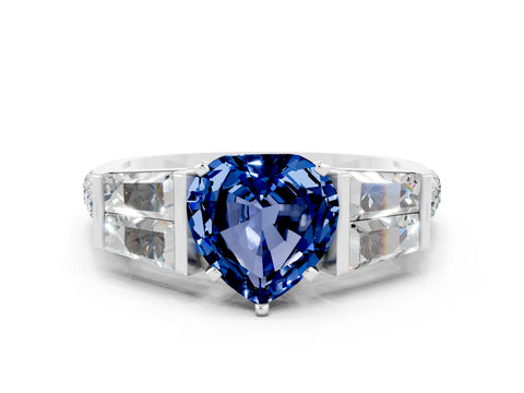 White gold Heart Cut Blue Sapphire Engagement Ring with Baguette Side Stones and Channel Set Band