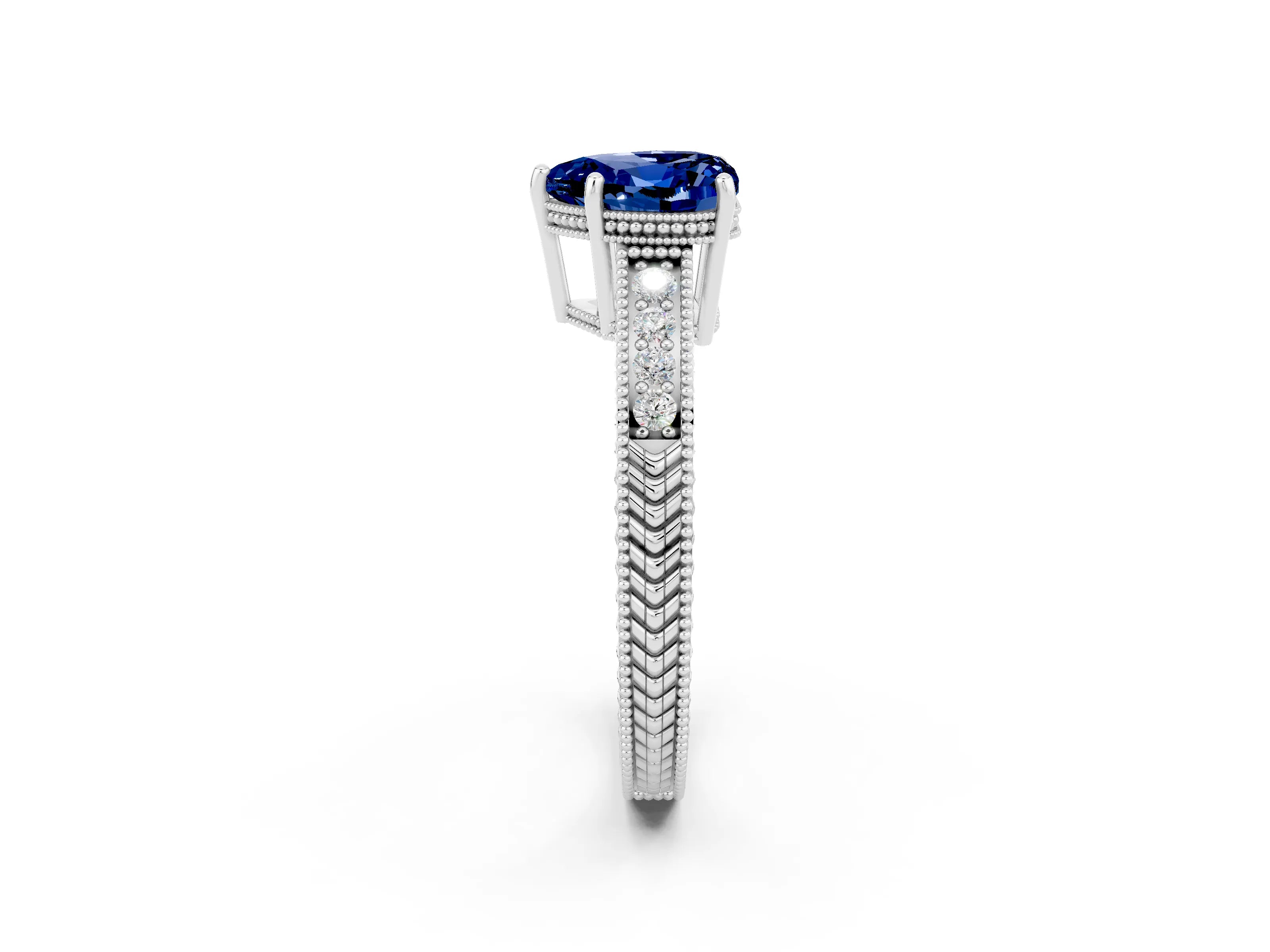 White gold Heart Cut Blue Sapphire Engagement Ring with Milgrain Channel Set Band and Prong Setting_2