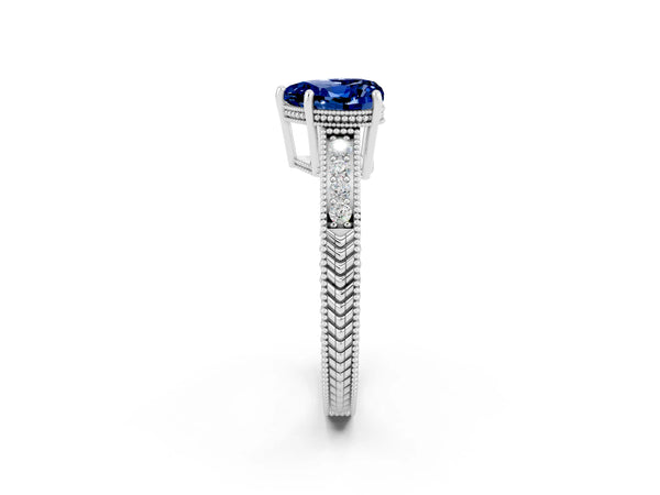 Platinum Heart Cut Blue Sapphire Engagement Ring with Milgrain Channel Set Band and Prong Setting