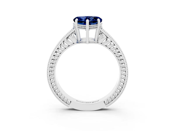 Platinum Heart Cut Blue Sapphire Engagement Ring with Milgrain Channel Set Band and Prong Setting