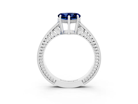 White gold Heart Cut Blue Sapphire Engagement Ring with Milgrain Channel Set Band and Prong Setting_3