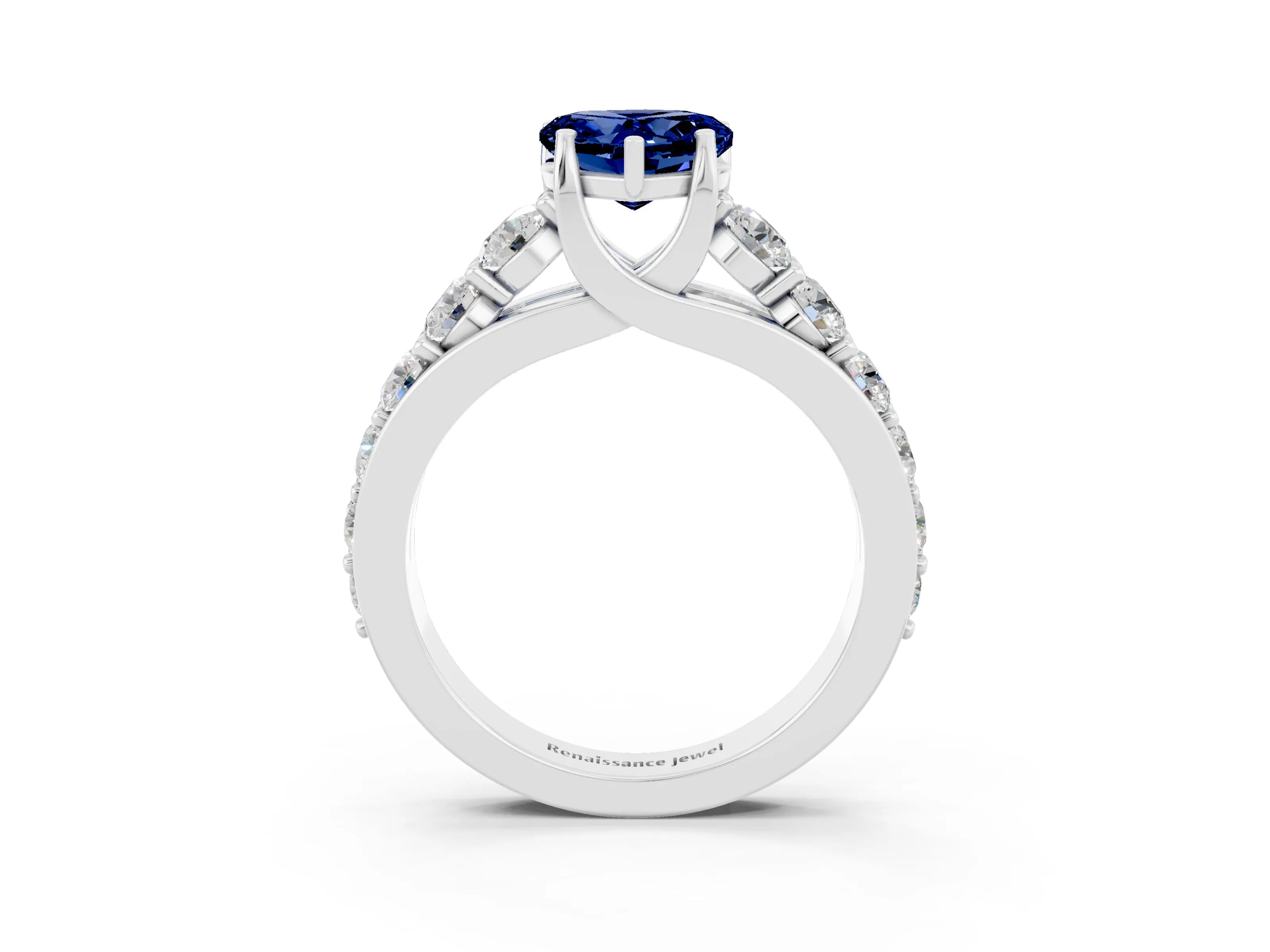 White gold Heart Cut Blue Sapphire Engagement Ring with Pavé Band and Four-Prong Setting_3