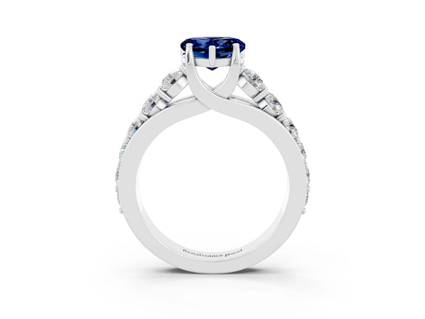 Silver Heart Cut Blue Sapphire Engagement Ring with Pavé Band and Four-Prong Setting