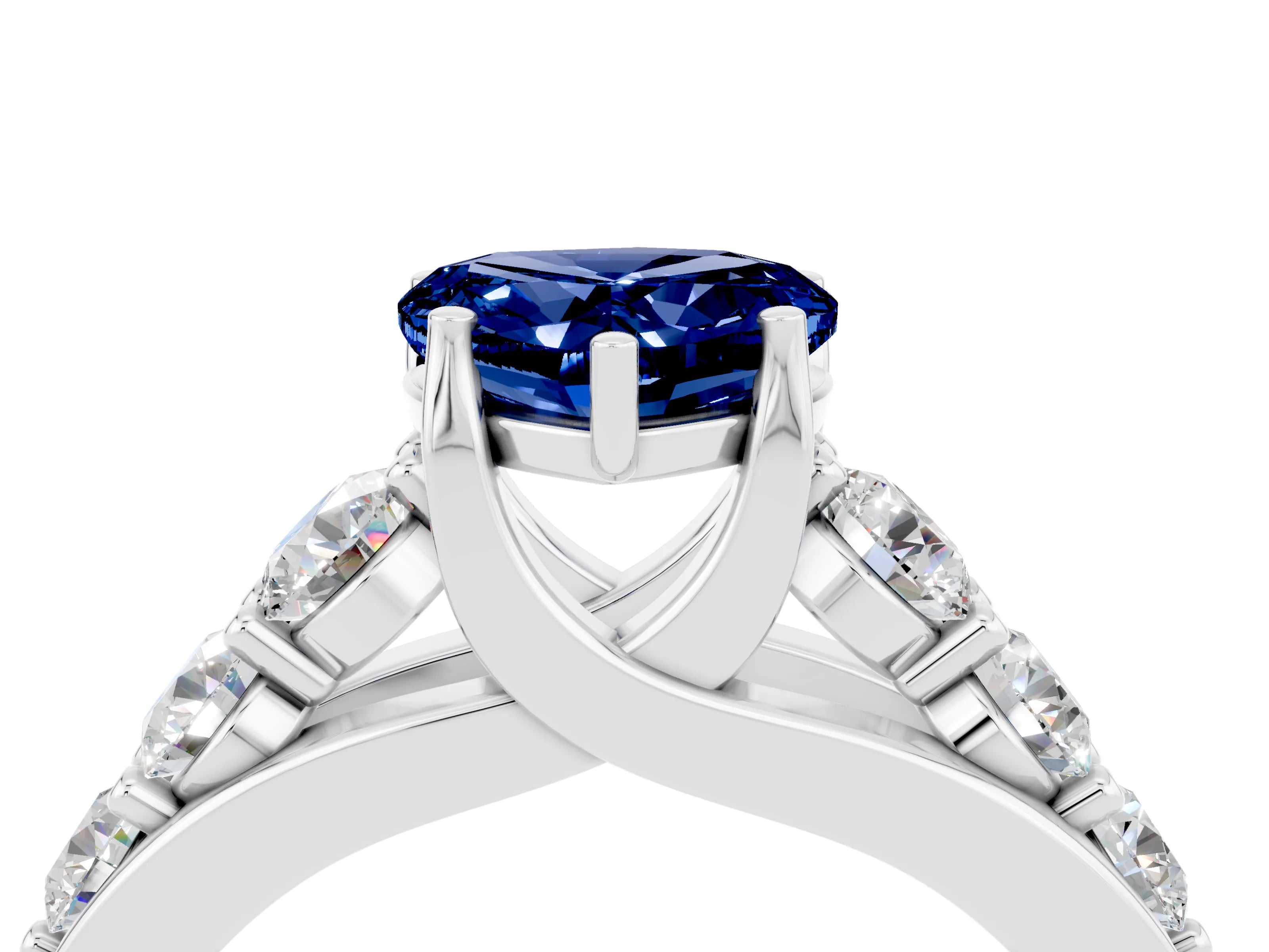 White gold Heart Cut Blue Sapphire Engagement Ring with Pavé Band and Four-Prong Setting_4