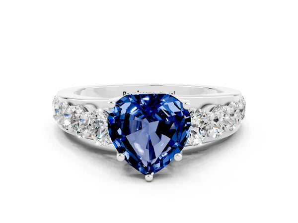 White gold Heart Cut Blue Sapphire Engagement Ring with Pavé Band and Four-Prong Setting