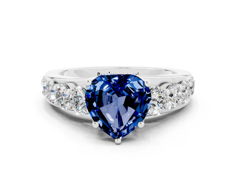 White gold Heart Cut Blue Sapphire Engagement Ring with Pavé Band and Four-Prong Setting