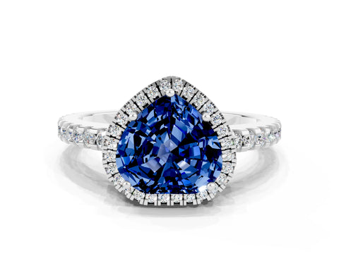 White gold Heart Cut Blue Sapphire Halo Engagement Ring with Pavé Band and Prong Setting_12