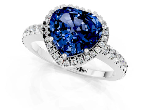 White gold Heart Cut Blue Sapphire Halo Engagement Ring with Pavé Band and Prong Setting_13