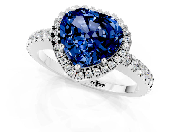 Silver Heart Cut Blue Sapphire Halo Engagement Ring with Pavé Band and Prong Setting