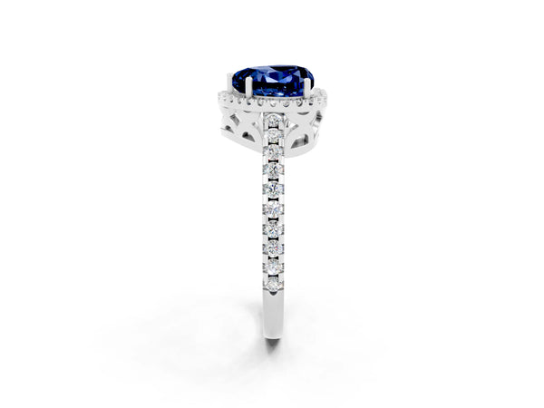 Platinum Heart Cut Blue Sapphire Halo Engagement Ring with Pavé Band and Prong Setting