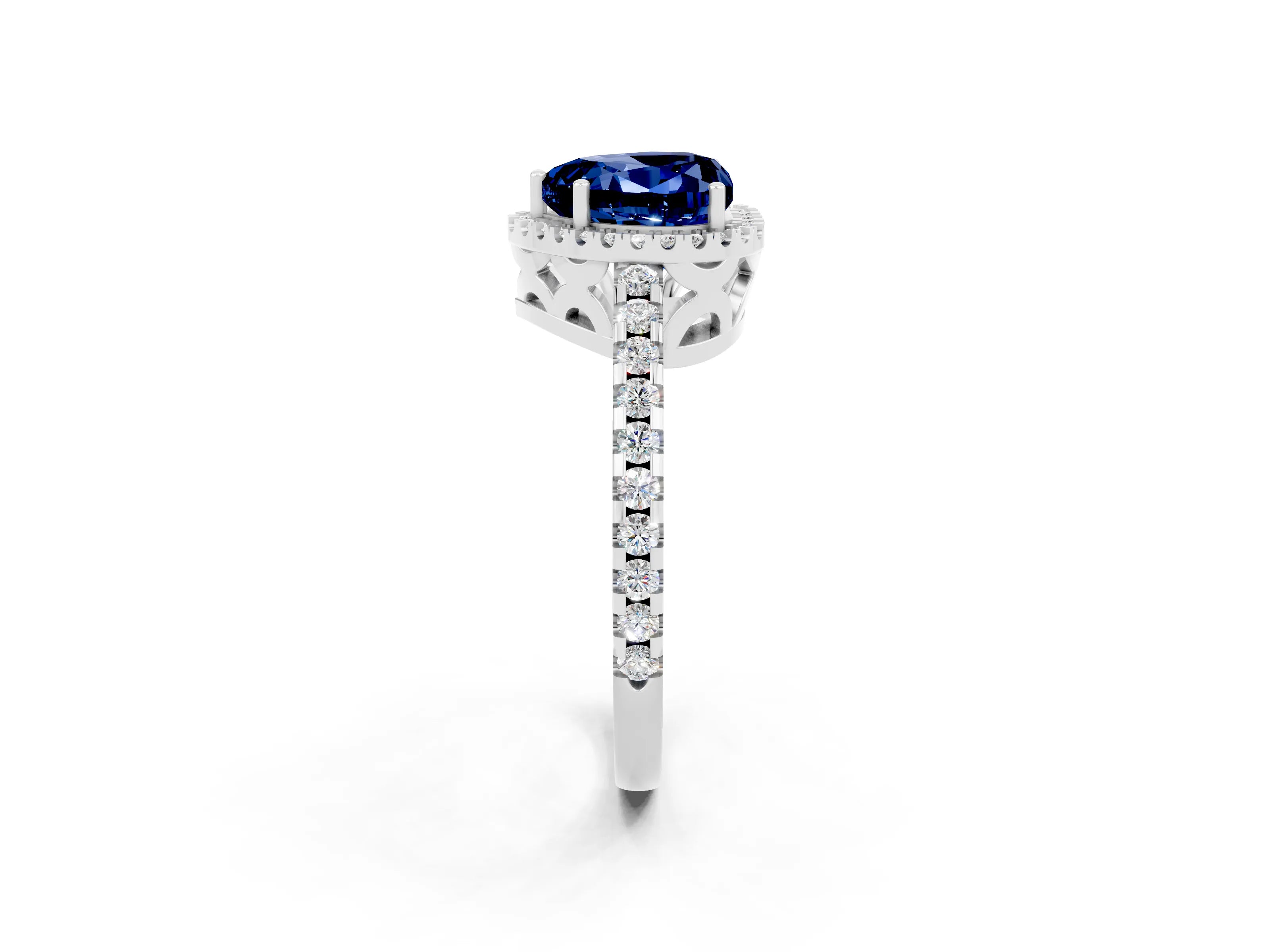 White gold Heart Cut Blue Sapphire Halo Engagement Ring with Pavé Band and Prong Setting_14