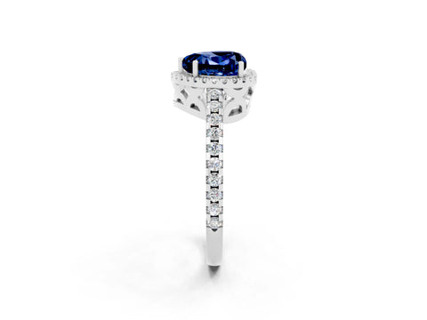 White gold Heart Cut Blue Sapphire Halo Engagement Ring with Pavé Band and Prong Setting_14