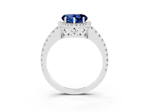 White gold Heart Cut Blue Sapphire Halo Engagement Ring with Pavé Band and Prong Setting_15