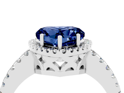 White gold Heart Cut Blue Sapphire Halo Engagement Ring with Pavé Band and Prong Setting_16