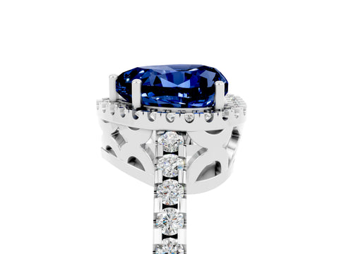 White gold Heart Cut Blue Sapphire Halo Engagement Ring with Pavé Band and Prong Setting_17