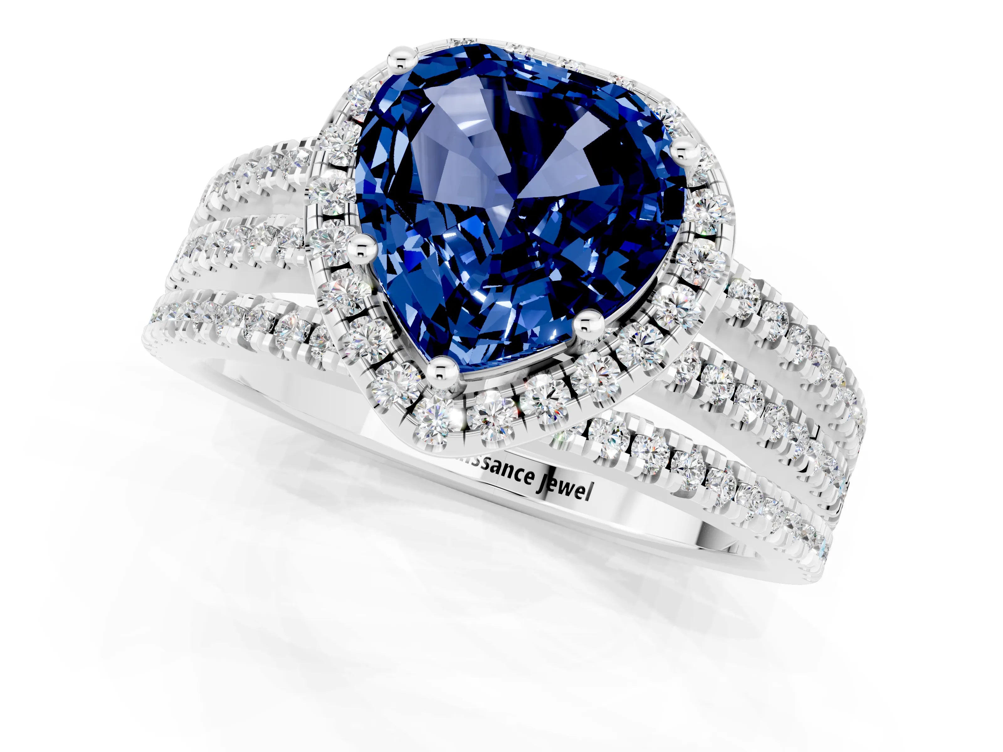 White gold Heart Cut Blue Sapphire Halo Engagement Ring with Split Shank and Four-Prong Setting_1