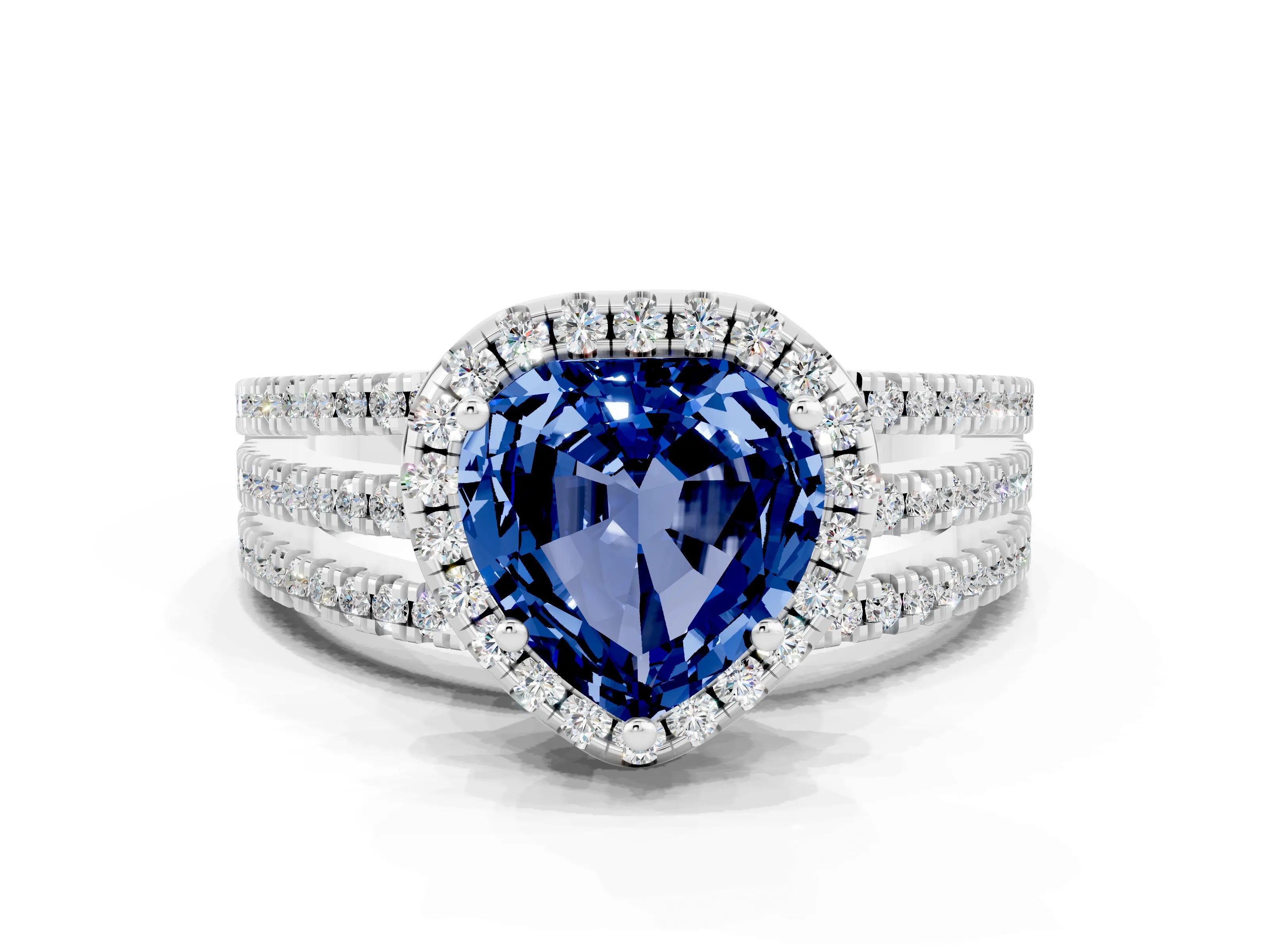 White gold Heart Cut Blue Sapphire Halo Engagement Ring with Split Shank and Four-Prong Setting_12