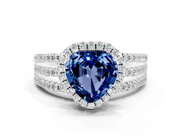 White gold Heart Cut Blue Sapphire Halo Engagement Ring with Split Shank and Four-Prong Setting