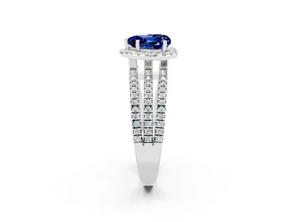 White gold Heart Cut Blue Sapphire Halo Engagement Ring with Split Shank and Four-Prong Setting