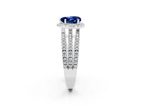 White gold Heart Cut Blue Sapphire Halo Engagement Ring with Split Shank and Four-Prong Setting_14