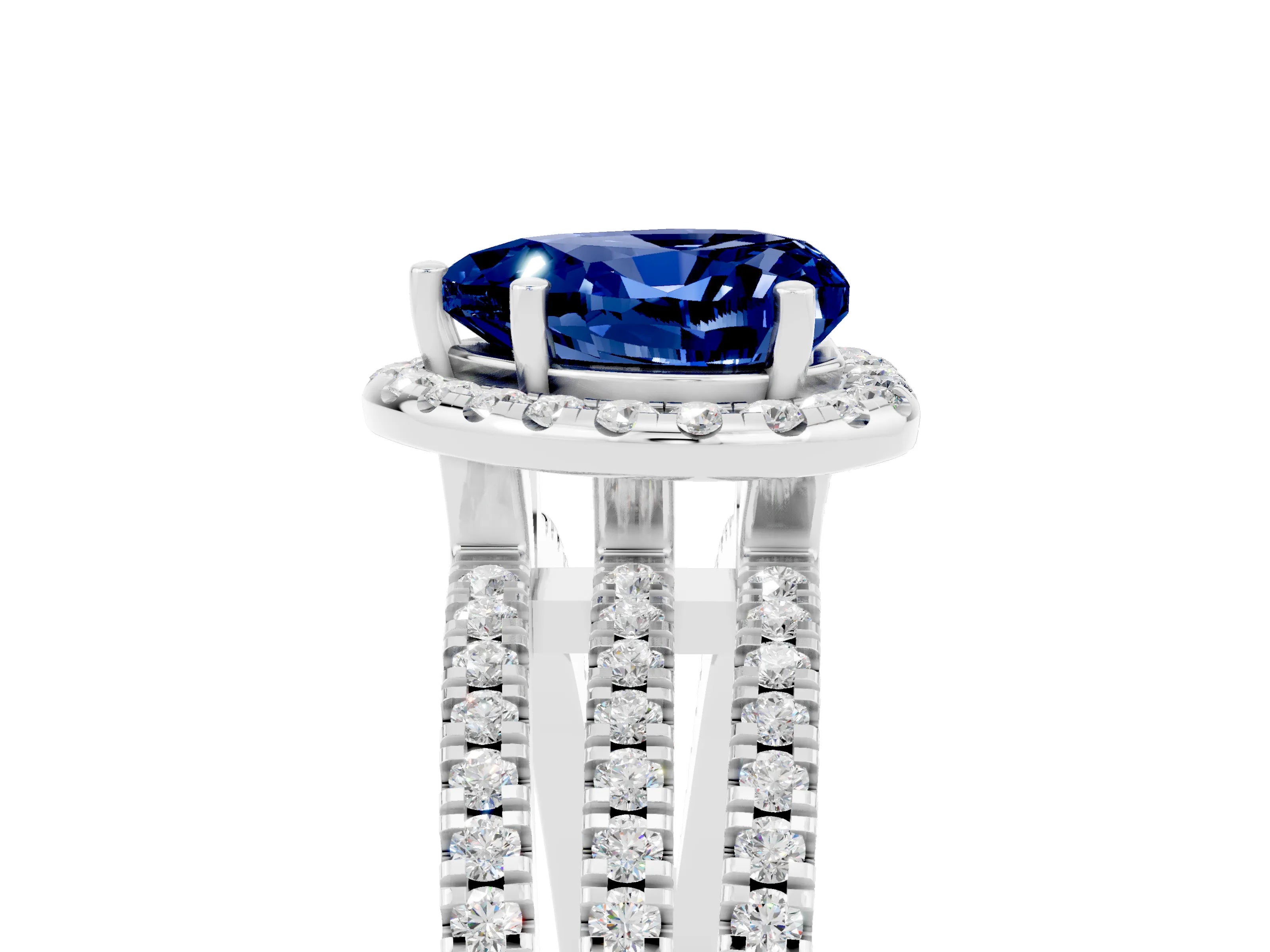 White gold Heart Cut Blue Sapphire Halo Engagement Ring with Split Shank and Four-Prong Setting_17