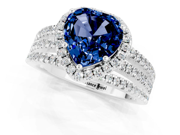 Silver Heart Cut Blue Sapphire Halo Engagement Ring with Split Shank and Four-Prong Setting