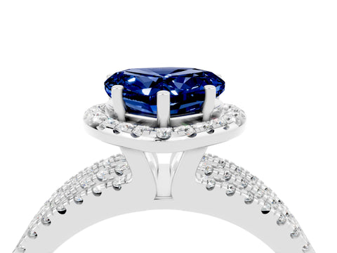 White gold Heart Cut Blue Sapphire Halo Engagement Ring with Split Shank and Four-Prong Setting_4