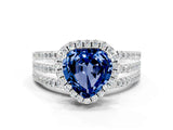 White gold Heart Cut Blue Sapphire Halo Engagement Ring with Split Shank and Four-Prong Setting