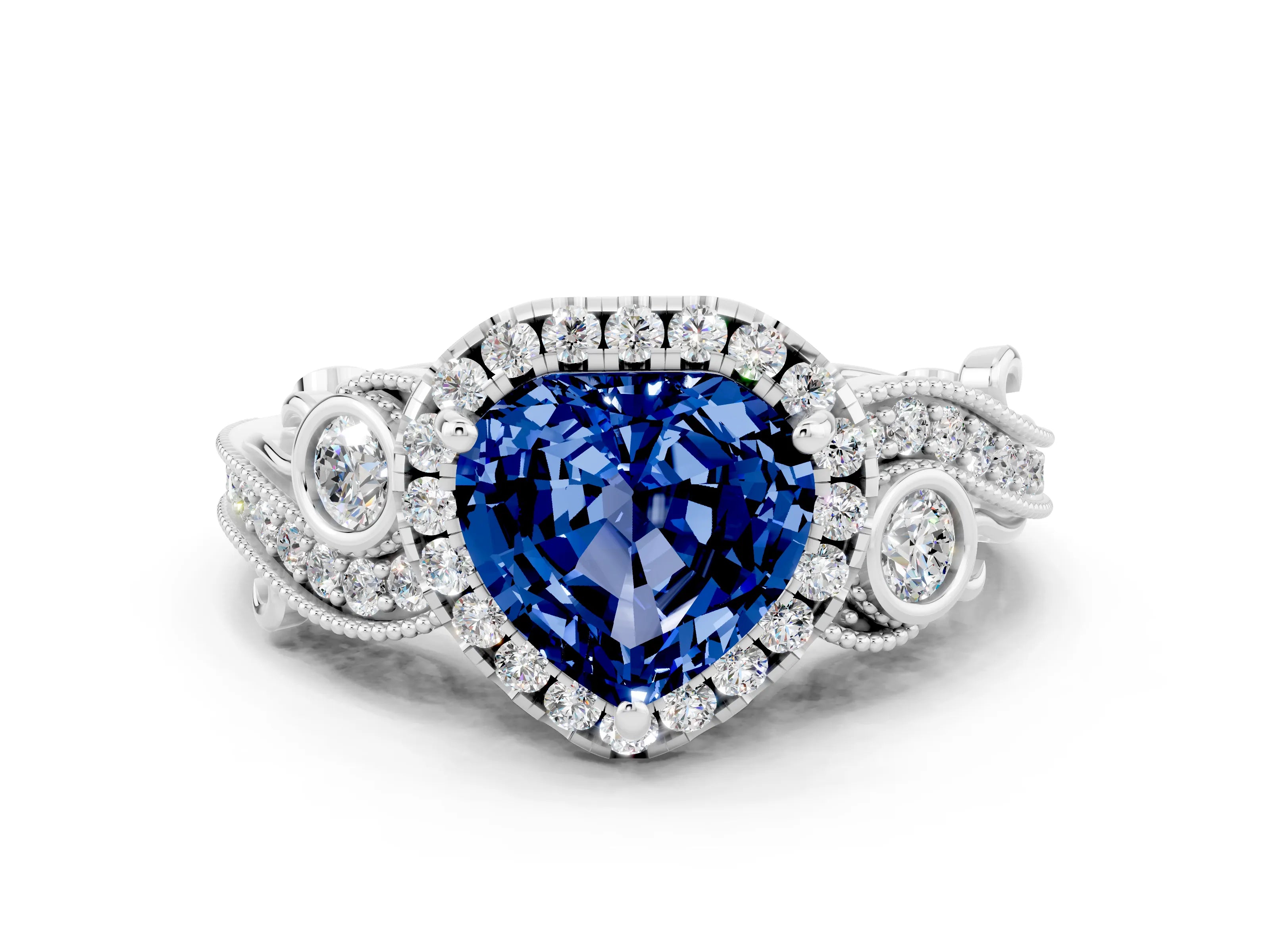 White gold Heart Cut Blue Sapphire Halo Ring with Milgrain Pavé Band and Four-Prong Setting_12