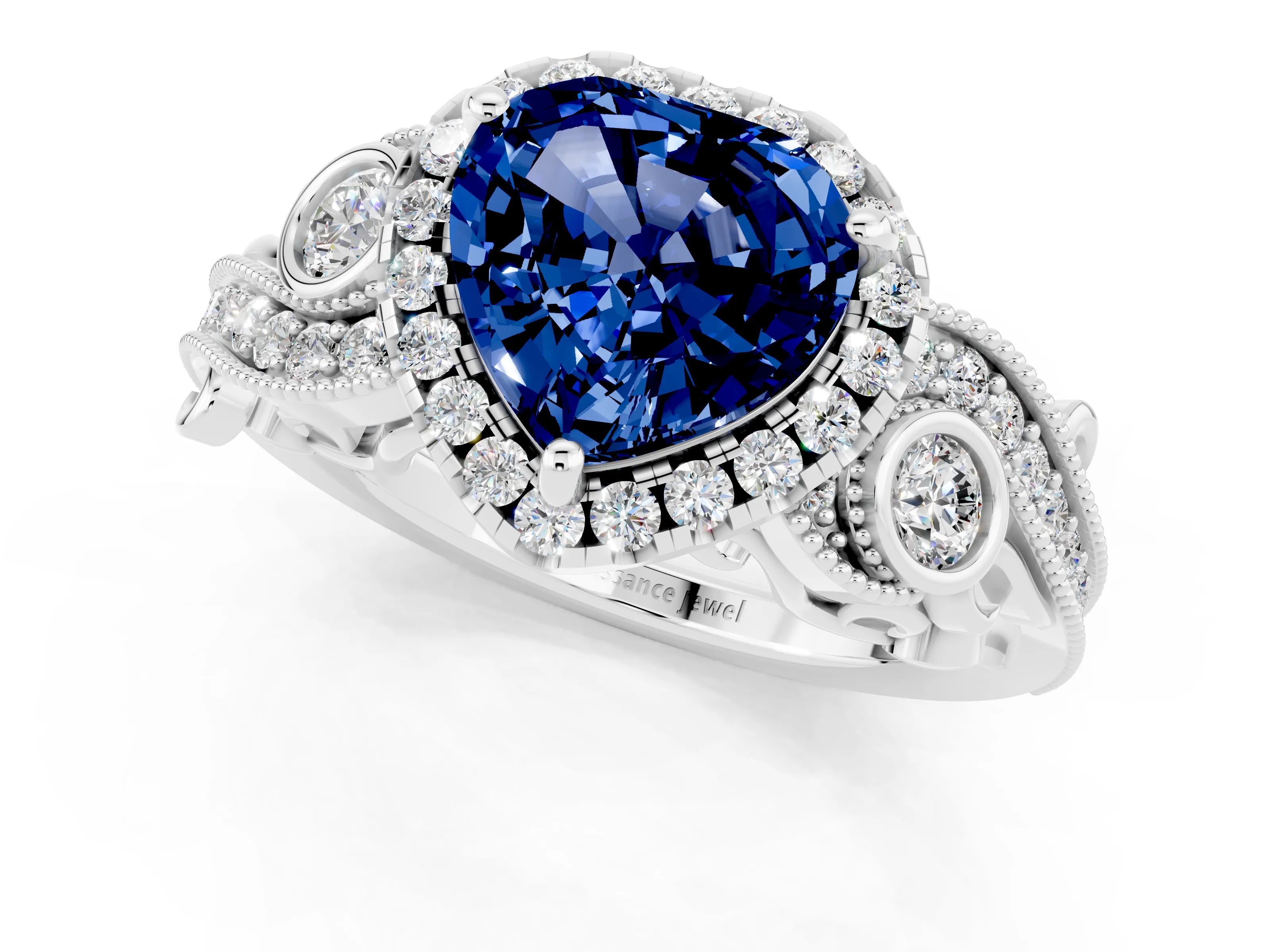 White gold Heart Cut Blue Sapphire Halo Ring with Milgrain Pavé Band and Four-Prong Setting_13